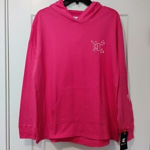 NWT L Champion Neon Pink Logo Knit Hoodie Loose Fit Athleisure Top NEW